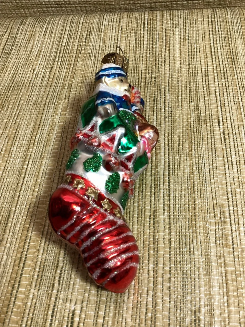 Glass Christmas Stocking Ornament with Santa Design - Red, Green, White